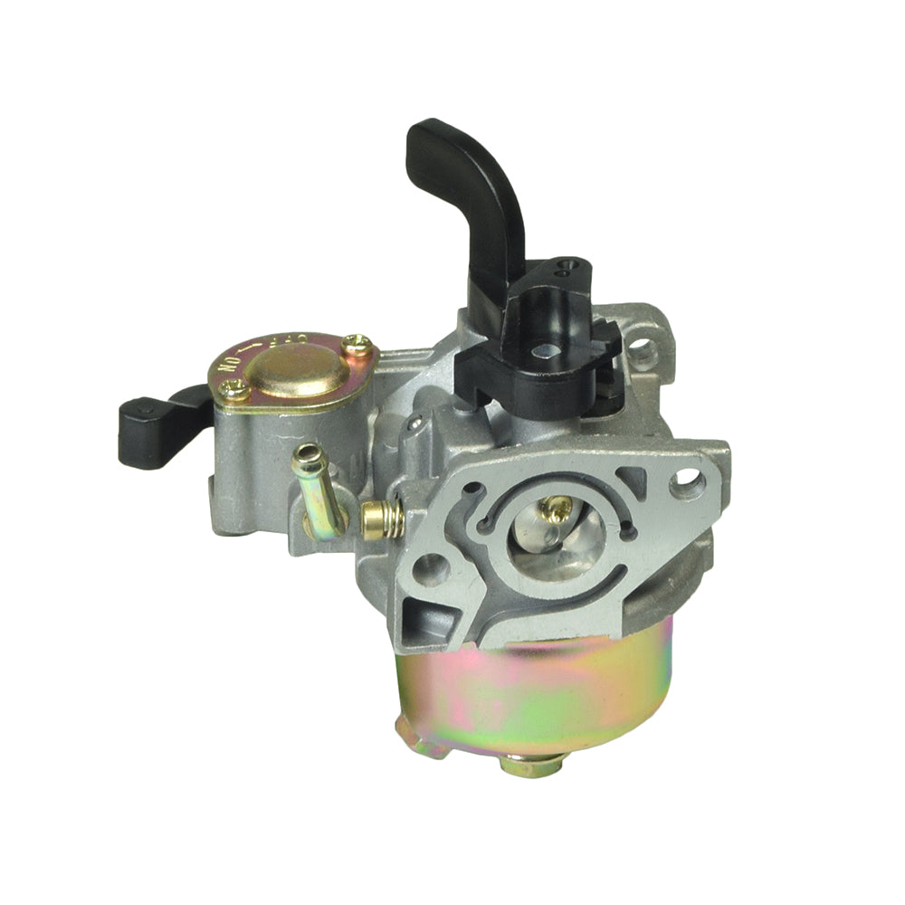 Close-up of the 97cc Carburetor with 19 mm Intake for Baja Blitz, Dirt Bug, Doodle Bug, & Racer Mini Bikes, showing the metal components and manual choke.