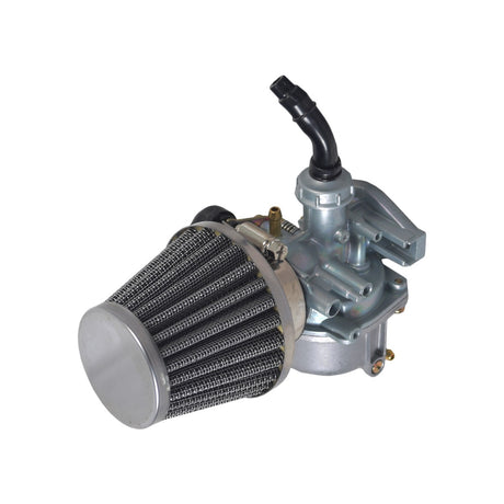 PZ19 Carburetor with 19 mm Intake & Left Side Hand Choke for 50cc, 70cc, & 90cc ATVs & Dirt Bikes, featuring a close-up of the carburetor with an attached 35mm air filter.