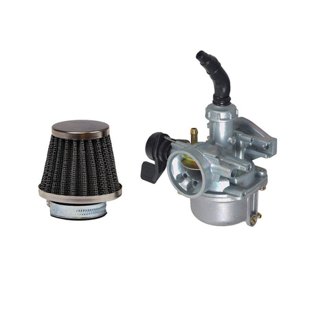 PZ19 Carburetor with 19 mm Intake & Left Side Hand Choke for 50cc, 70cc, & 90cc ATVs & Dirt Bikes, shown with an optional 35mm air filter attachment.