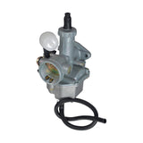 PZ26 Carburetor for 125cc - 150cc Scooter, ATV, & Dirt Bikes with 26 mm Intake & Left Side Choke, featuring a close-up of its metal body, black rubber hoses, and intricate components.