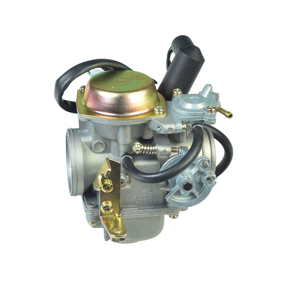 250cc GY6 Scooter Carburetor for Honda Helix & Fusion CN250 Clones, featuring black wires and close-up metal detailing, designed for GY6 engines.