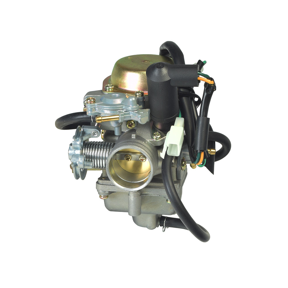 Close-up of a 250cc GY6 Scooter Carburetor for Honda Helix & Fusion CN250 Clones, showcasing intricate metal components designed for compatibility with GY6 engines.