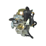 Close-up of a 250cc GY6 Scooter Carburetor for Honda Helix & Fusion CN250 Clones, showcasing intricate metal components designed for compatibility with GY6 engines.