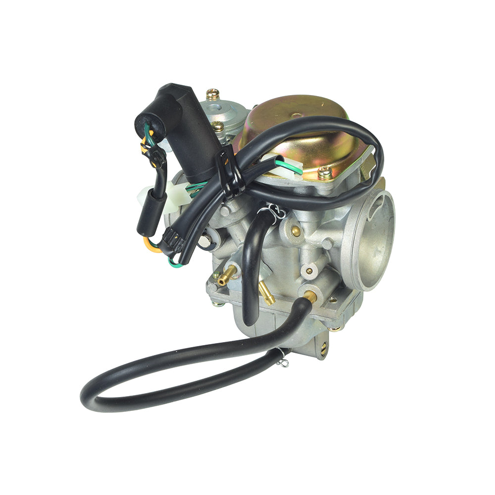 Close-up of a 250cc GY6 Scooter Carburetor for Honda Helix & Fusion CN250 Clones, highlighting intricate parts designed for compatibility with popular GY6 engines.