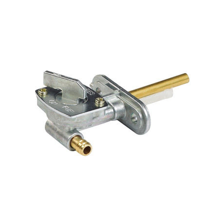 Petcock Fuel Shut Off Valve for Scooter, ATV, & Dirt Bike Carburetors with a gold handle, featuring a metal body and 3-position switch for controlling fuel flow.