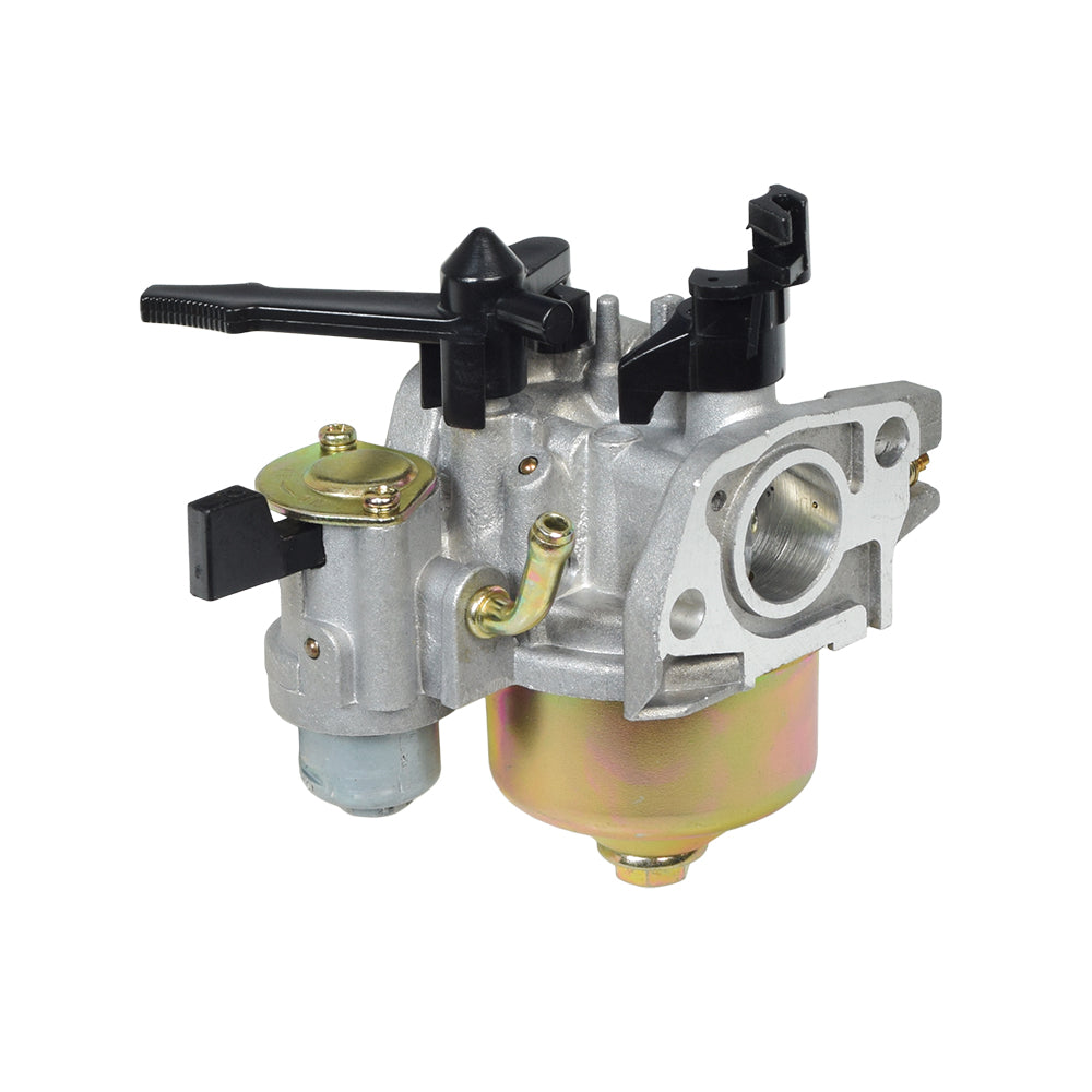 6.5 Hp GX200 Carburetor with 24 mm Air Intake & Water Trap featuring a silver and black mechanical structure, close-up of metal parts, and a black handle with a pointy tip.