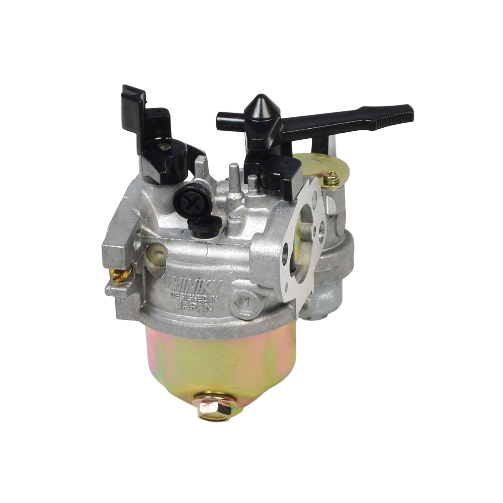 6.5 Hp GX200 Carburetor with 24 mm Air Intake & Water Trap, featuring a close-up of the silver and black carburetor’s detailed metal components, including the water trap and manual choke.