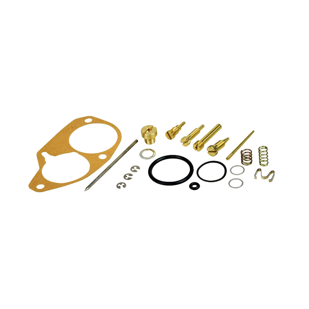 Carburetor Repair Kit for Honda Cub C70 1970-1973, featuring metal parts including a float gasket, screwdriver, gold metal object, springs, and screws.