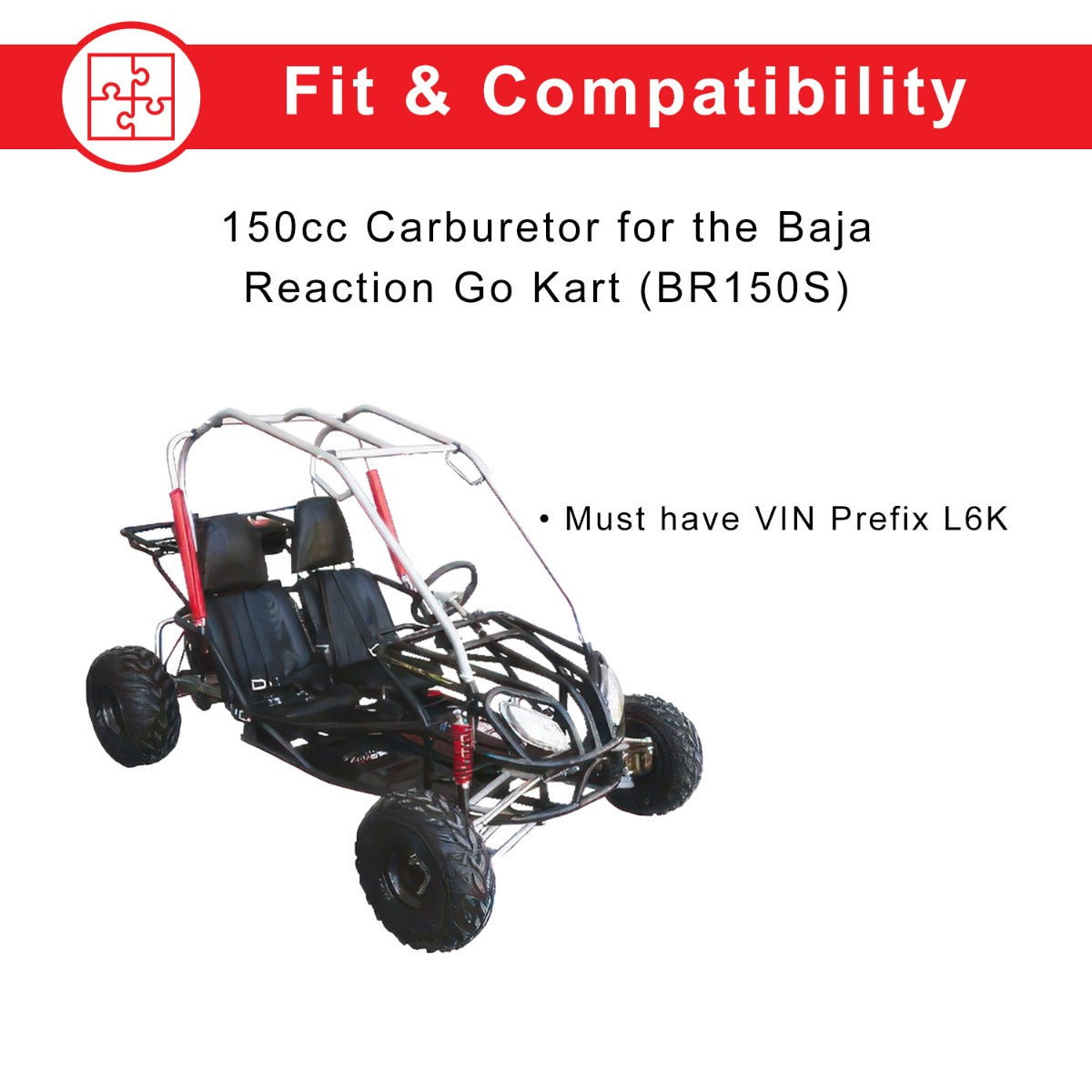 150cc Carburetor for the Baja Reaction Go Kart (BR150S) - VIN Prefix L6K. The image shows a close-up of the carburetor, highlighting its intricate design and attachment points.