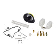 Carburetor Repair Kit for 50cc GY6 139QMB Scooter Engines, displaying various components including a float, gasket, fuel pin, nozzle, main fuel jet, regulation screw, and float valve.