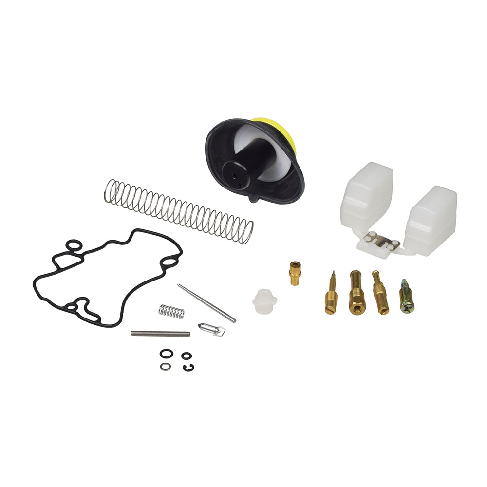 Carburetor Repair Kit for 50cc GY6 139QMB Scooter Engines, displaying various components including a float, gasket, fuel pin, nozzle, main fuel jet, regulation screw, and float valve.