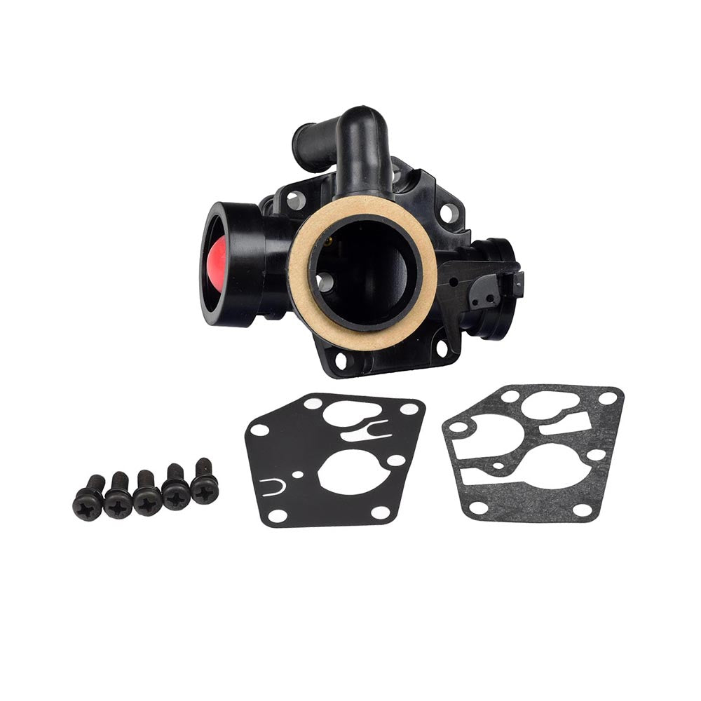 Carburetor 498809 for Briggs & Stratton Engines, featuring a black mechanical device with a red ball, and including gaskets and mounting bolts. Ideal for replacing original carburetors on various engine models.