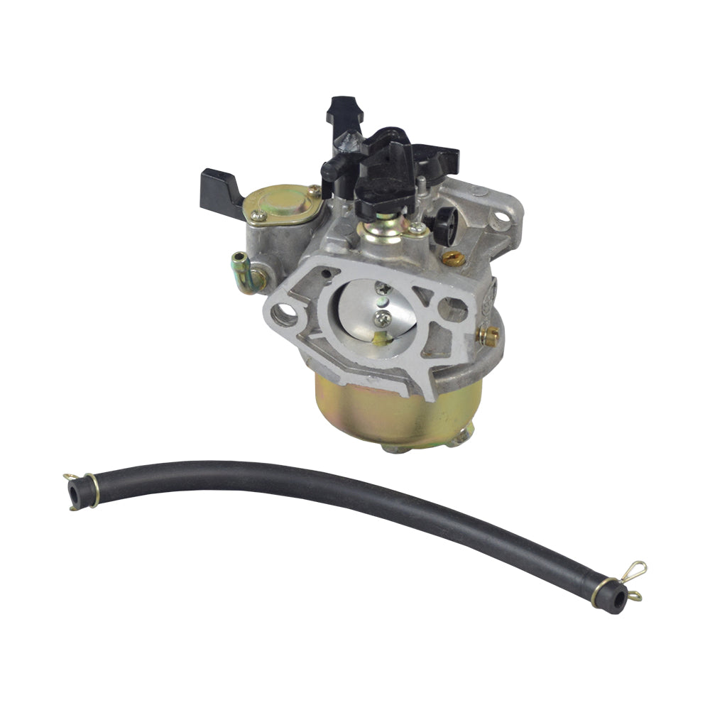 P27 Carburetor for 4-Stroke Honda GX240, GX270, GX340, and GX390 Engines shown close-up, highlighting its intricate metal components and attached hose for optimal engine performance.