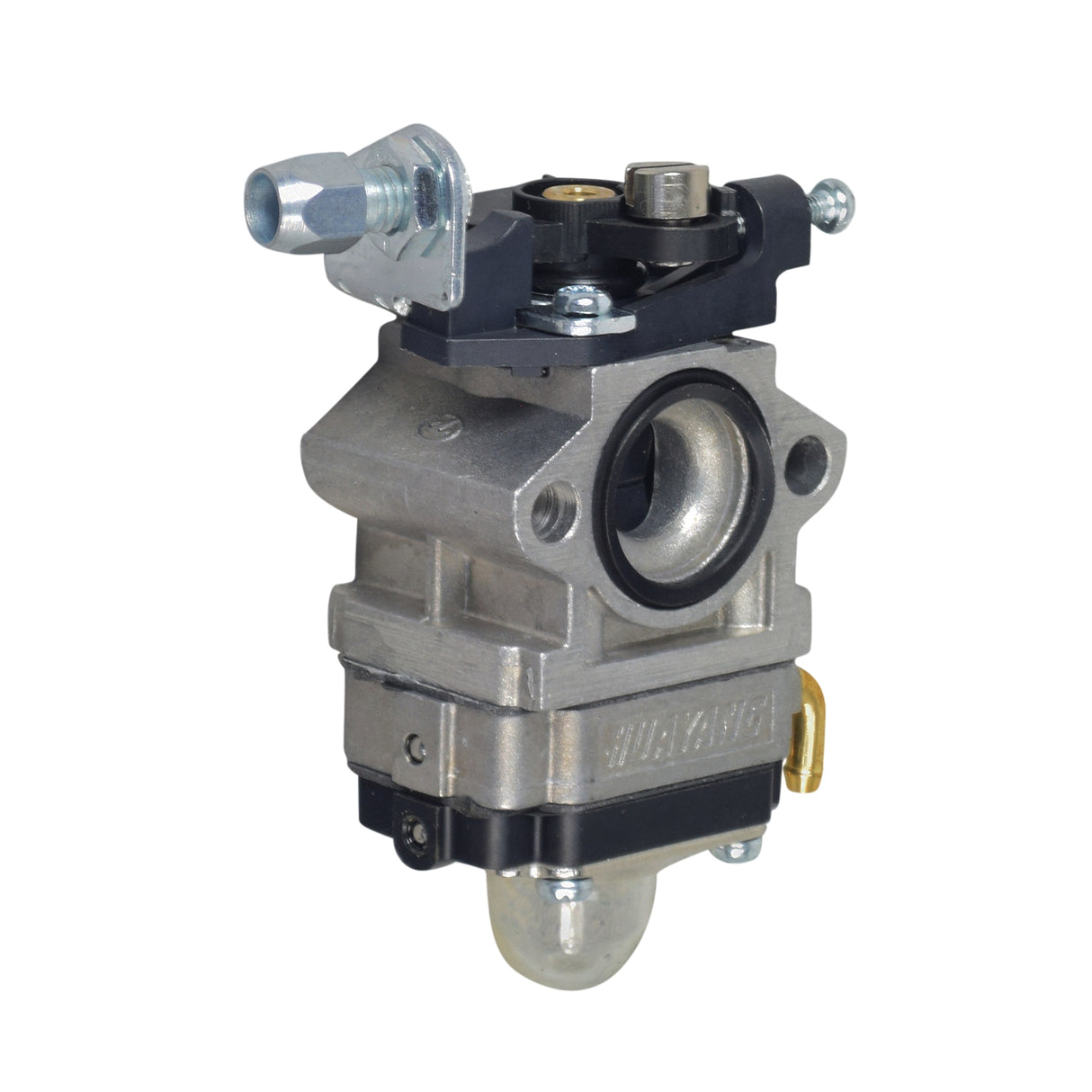 Carburetor for the Fit Right DB003 40cc 4-Stroke Mini Bike, featuring a close-up view of its intricate metal components and screw details, essential for efficient fuel system performance.