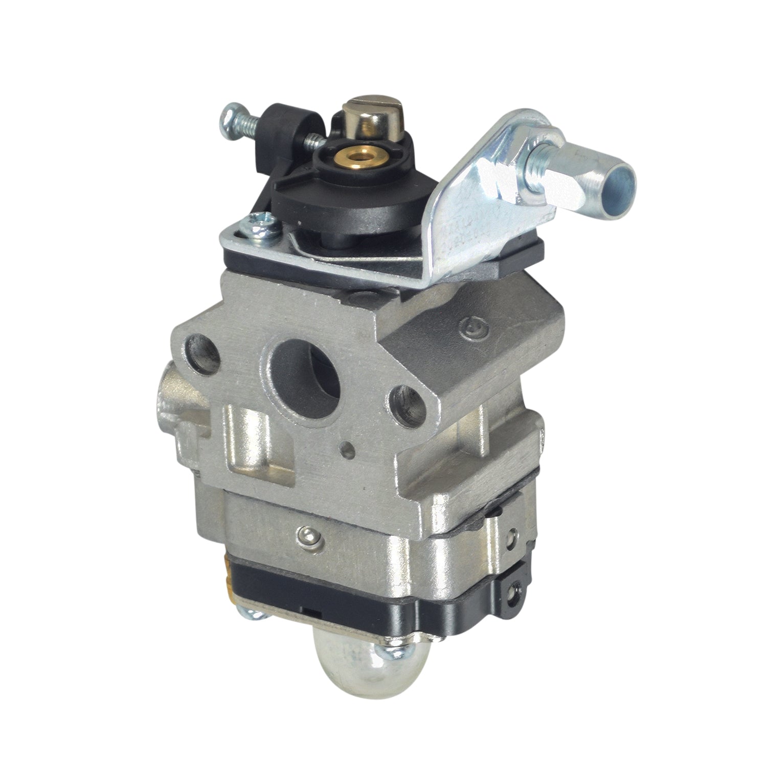 Carburetor for 40cc 4-Stroke ATVs, Dirt Bikes, & Mini Bikes, showcasing a metallic structure with visible screws and a light bulb component, signifying precise engineering and functionality.