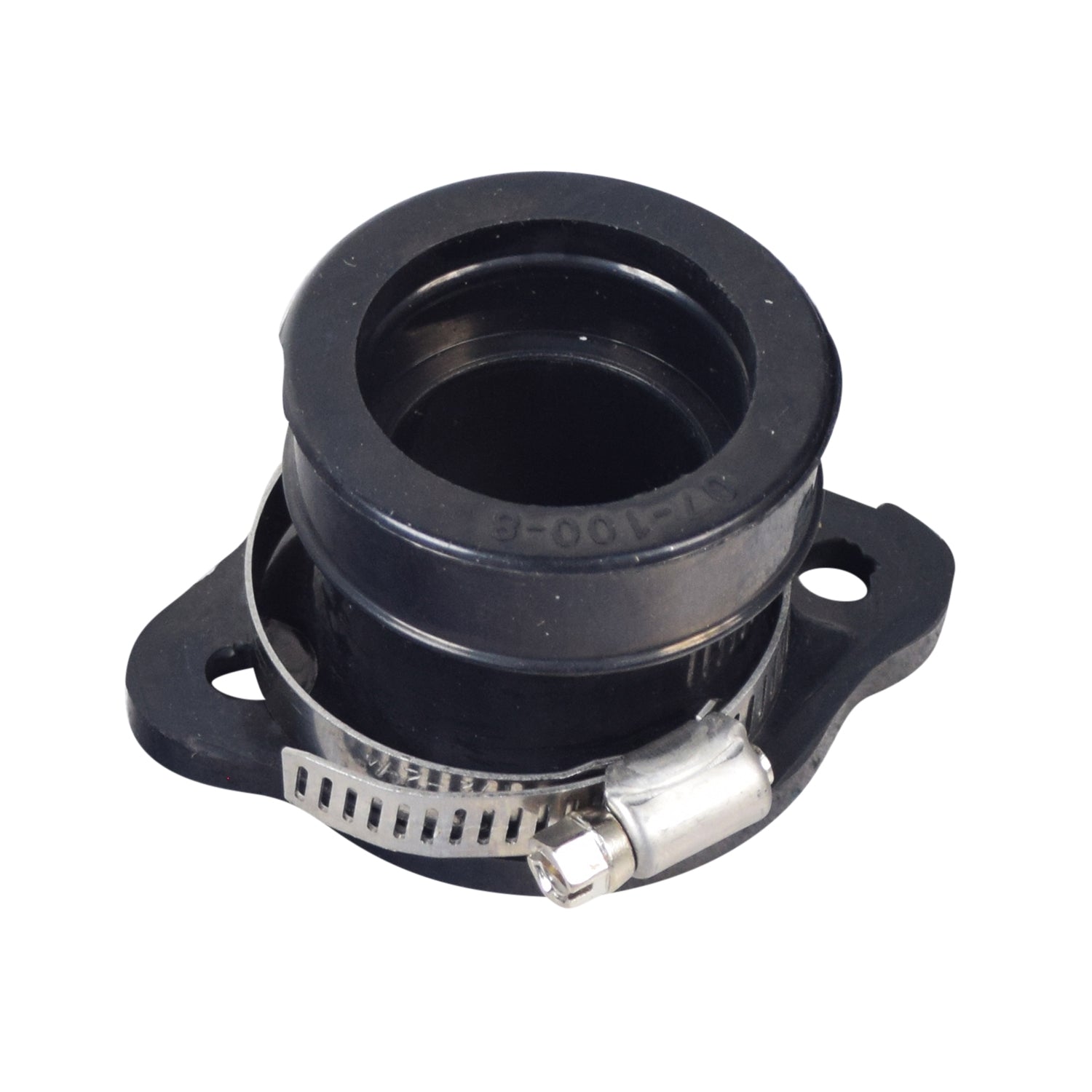 Carburetor Mounting Flange for Polaris Snowmobiles (1975-1981), showing a close-up of a black metal flange with a metal band and plastic tube, crucial for connecting the carburetor to the engine.