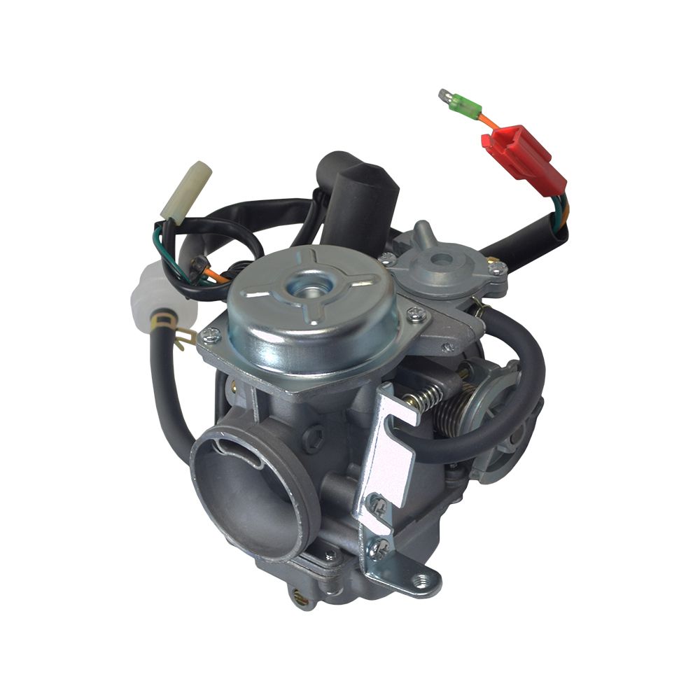 Close-up of a 250cc GY6 Roketa Go-Kart & Dune Buggy Carburetor, showcasing metal components and wiring. Designed for GY6 engines, ideal for various Chinese-made go-karts and ATVs.