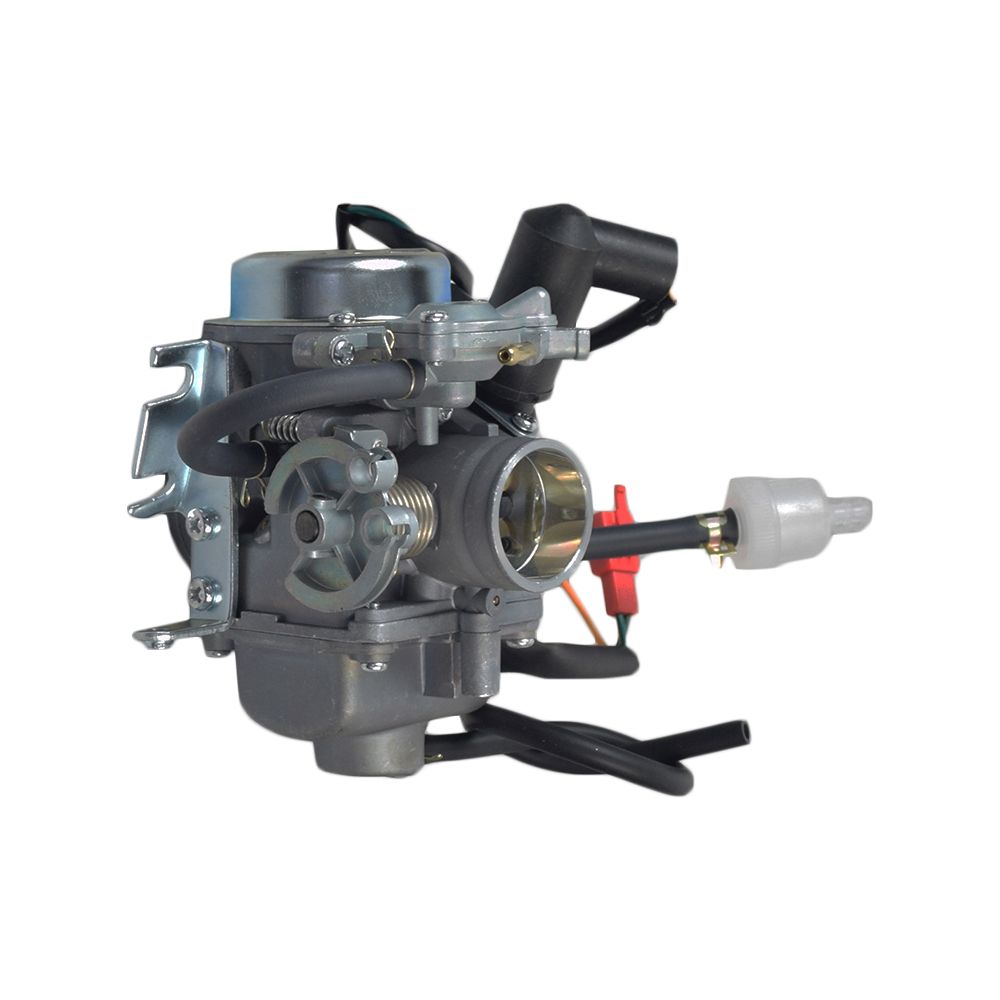 250cc GY6 Roketa Go-Kart & Dune Buggy Carburetor: Close-up of the carburetor with visible wires, cables, and metal gear components, designed for GY6 engines, compatible with various go-karts and ATVs.