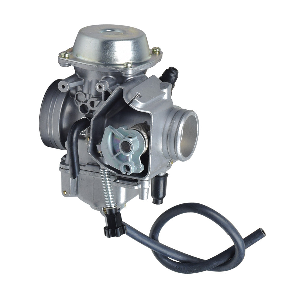 PD32J Carburetor for Honda ATC250, TRX300, TRX350, & TRX400 FourTrax ATVs, featuring a silver body with black hose, close-up of metal cap, screw, and black wire handle.