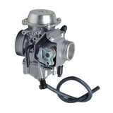 PD32J Carburetor for Honda ATC250, TRX300, TRX350, & TRX400 FourTrax ATVs, featuring a silver body with black hose, close-up of metal cap, screw, and black wire handle.