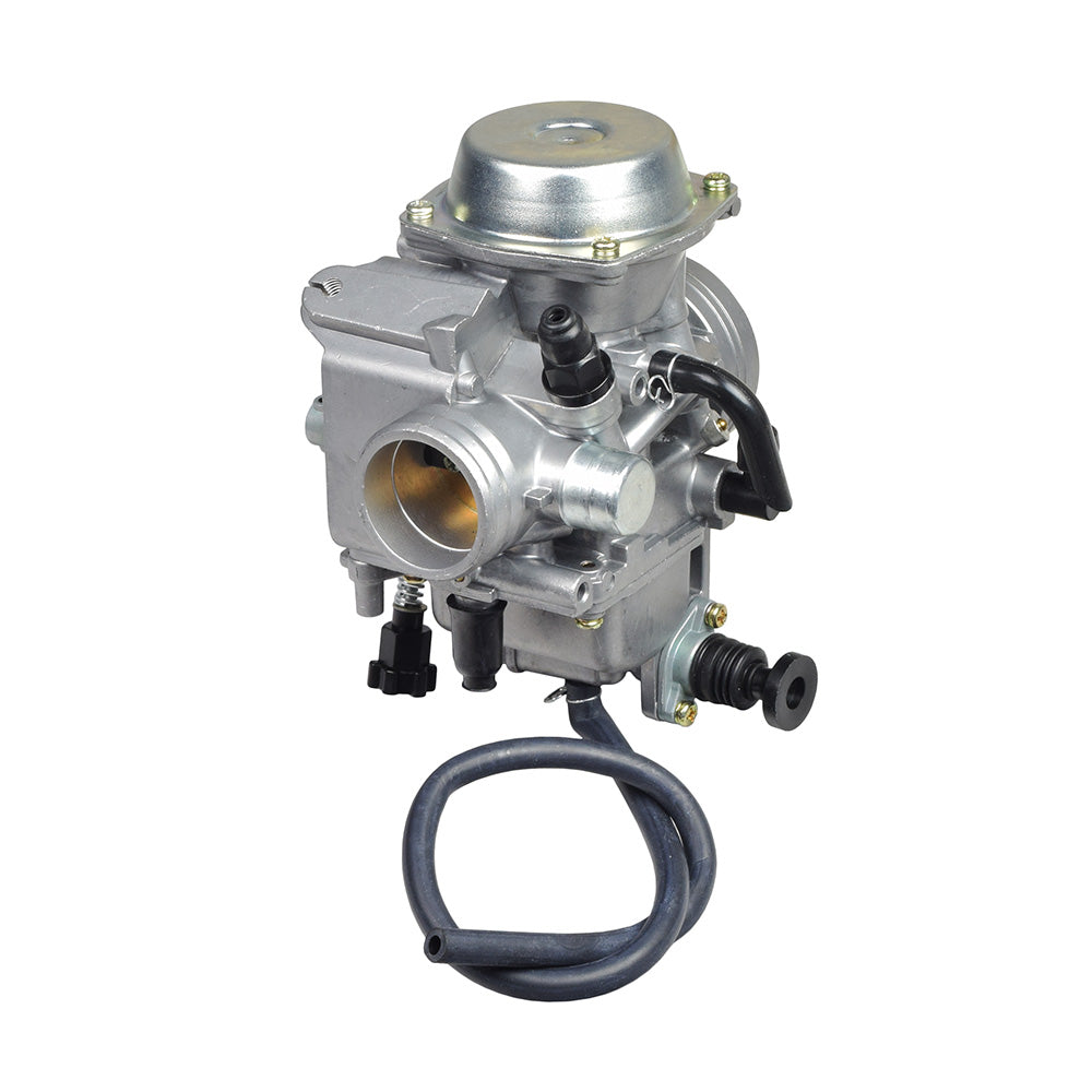 PD32J Carburetor for Honda ATC250, TRX300, TRX350, & TRX400 FourTrax ATVs; silver carburetor with attached black hose and visible metal components, including a black rubber tube with a screw.