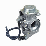 PD32J Carburetor for Honda ATC250, TRX300, TRX350, & TRX400 ATVs, featuring a silver body with black hoses, close-up details of the machine's components, including the slide and tapered needle.