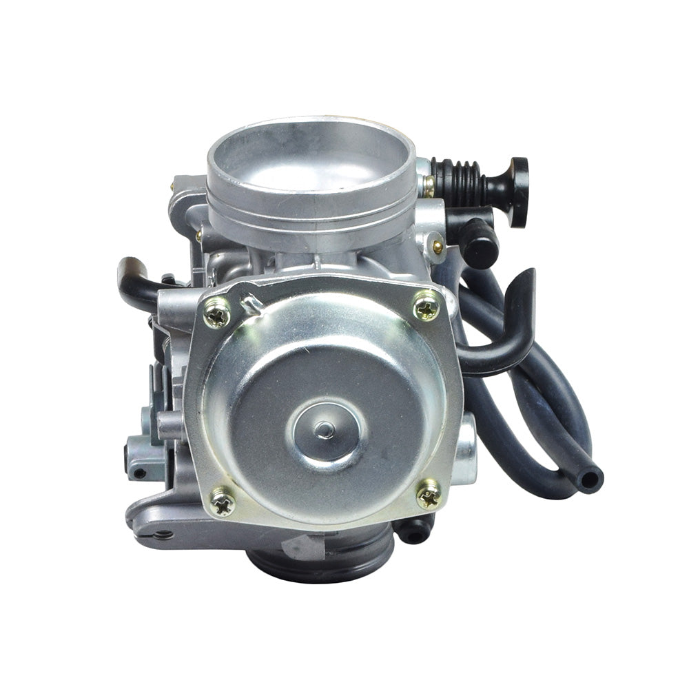 PD32J Carburetor for the Honda ATC250, TRX300, TRX350, & TRX400 FourTrax ATVs, featuring a close-up of its silver engine components with black electrical cables and intricate metal parts.