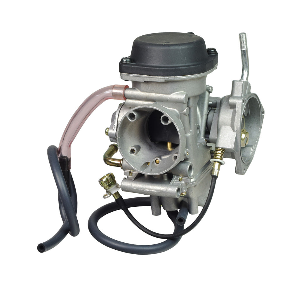 Close-up of the PD36J Carburetor for the Yamaha Raptor 350 YFM350R, highlighting its intricate metal components and manual cable choke mechanism, suitable for 350cc - 400cc engine ATVs.