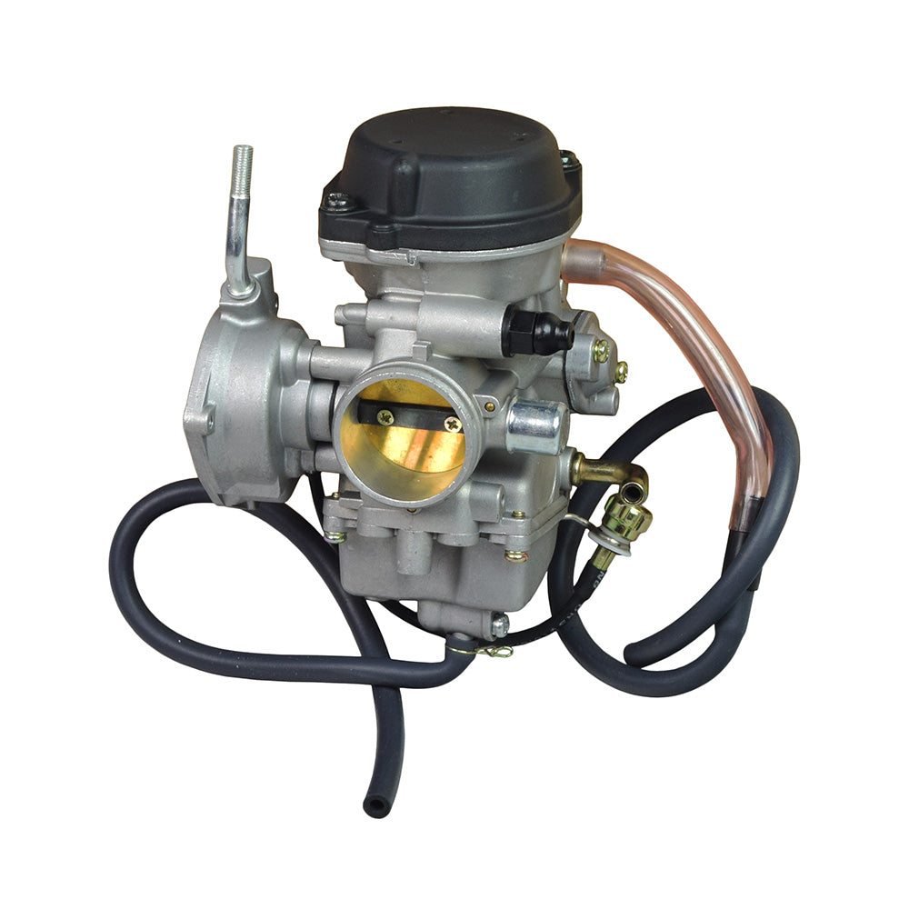 Close-up of PD36J Carburetor for Yamaha Raptor 350 YFM350R, highlighting its intricate metal components and manual cable choke mechanism, ideal for 350cc - 400cc engines.