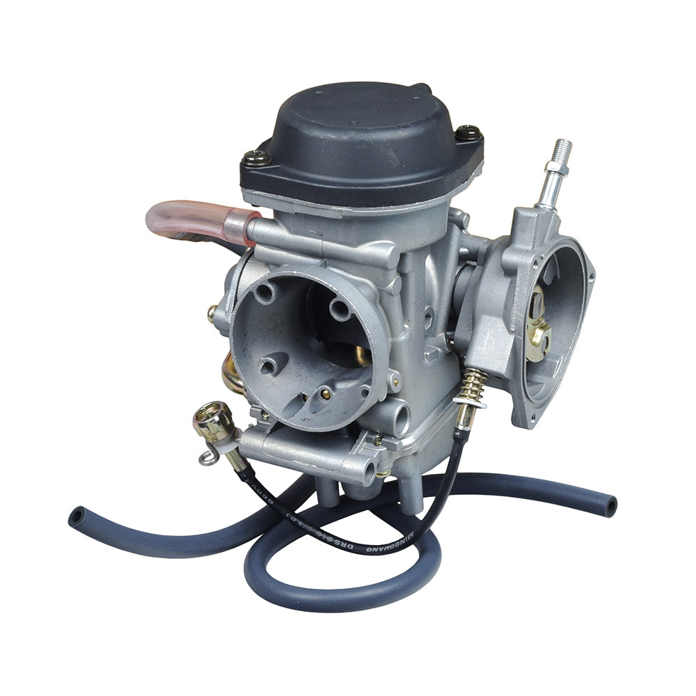 PD36J-A Carburetor for the Suzuki LTZ 400 ATV, featuring a grey metal body with black hoses and a black plastic cap, showcasing close-up details of its components and structure.