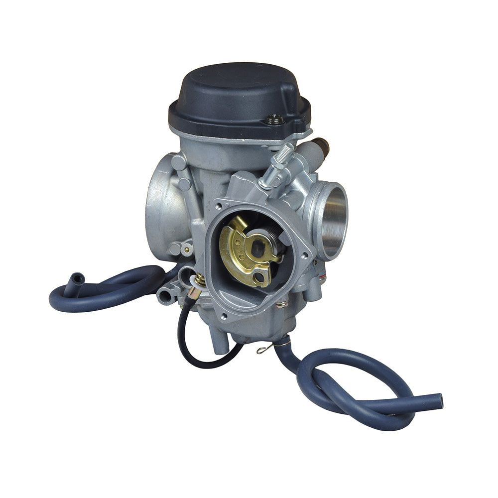 PD36J-A Carburetor for the Suzuki LTZ 400 ATV, showcasing a close-up of the carburetor's intricate components, including the manual choke and 36 mm air intake, compatible with multiple ATV brands.