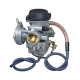 PD36J-A Carburetor for the Suzuki LTZ 400 ATV, featuring a grey and black structure with attached hoses, showcasing a close-up of its metal components and rubber tubes.