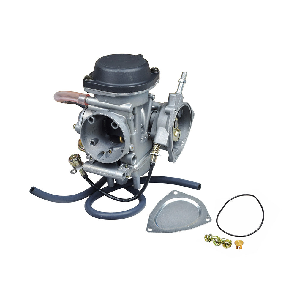 PD36J-A Carburetor for the Suzuki LTZ 400 ATV, featuring a black cover, multiple hoses, and visible metal components, designed for 2003, 2004, 2006, and 2007 models.