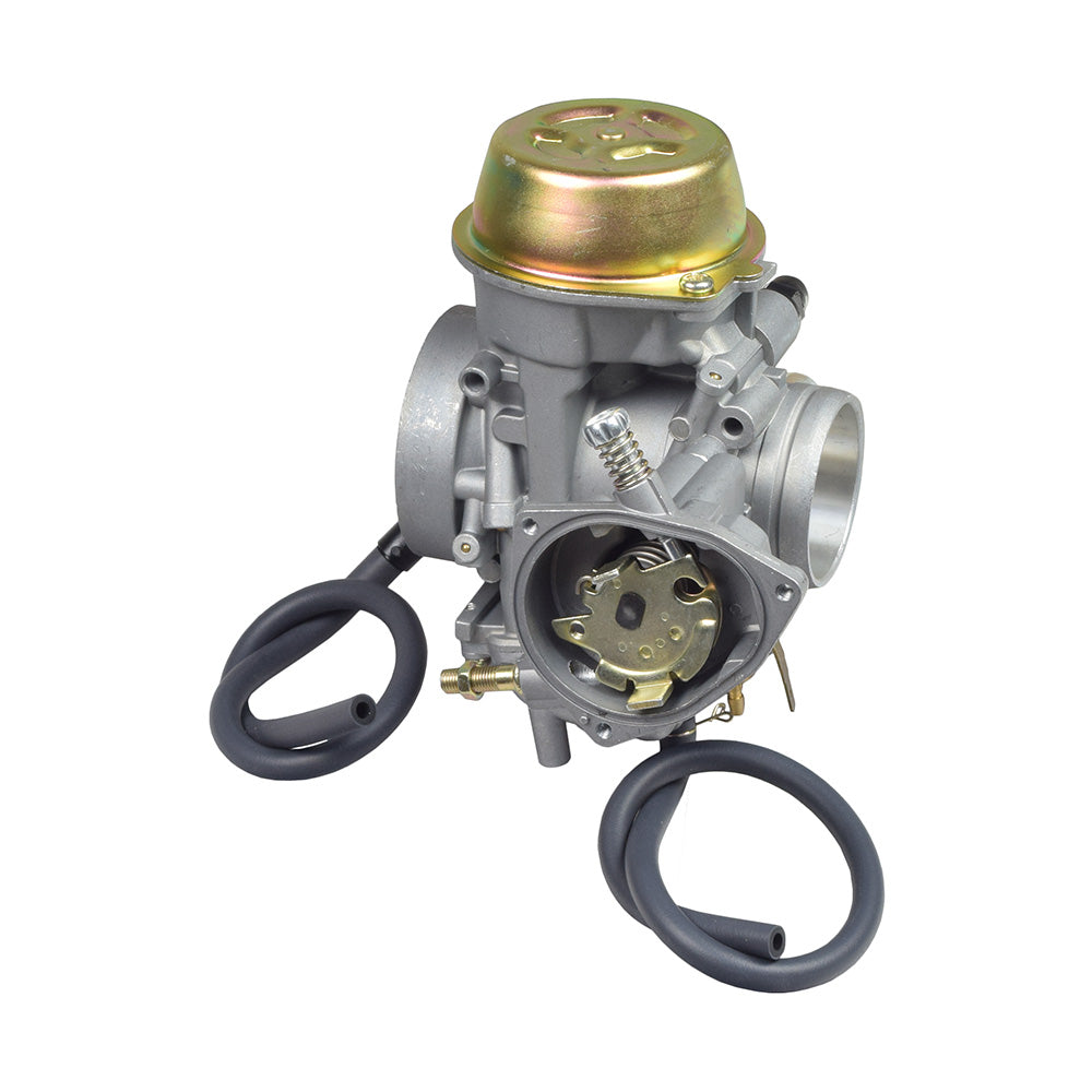 Close-up of PD42J-A Carburetor for Yamaha YXR660 Rhino 660 ATV, showcasing intricate metal components and flexible tubes. Ideal replacement for factory carbs on 2004-2007 Yamaha 660 engines.