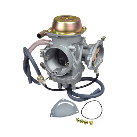 PD42J Carburetor for Yamaha YFM660 Grizzly & Raptor 660 ATVs, featuring intricate wiring and cables, detailed metal components, and a compact choke mechanism on the side.