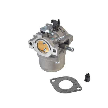 Carburetor 799728, 498027, 498231, 499161, 494392, & 494502 for Briggs & Stratton engines, featuring a silver metal gasket and intricate mechanical components. Ideal for go-karts and various lawn mowers.