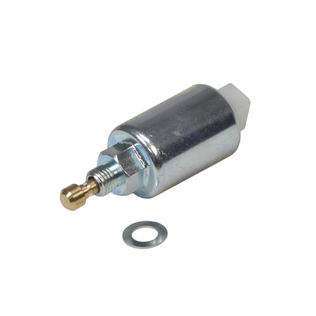 Solenoid 699915 for Briggs & Stratton 794572, 796109, & 799728 Carburetors: a silver cylindrical device with a metal nut and a gold tip, essential for preventing fuel leaks and backfiring in engines.