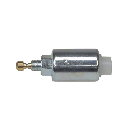 Solenoid 699915 for Briggs & Stratton 794572, 796109, & 799728 Carburetors, shown as a close-up of a silver and brass mechanical device with a metal and brass connector.