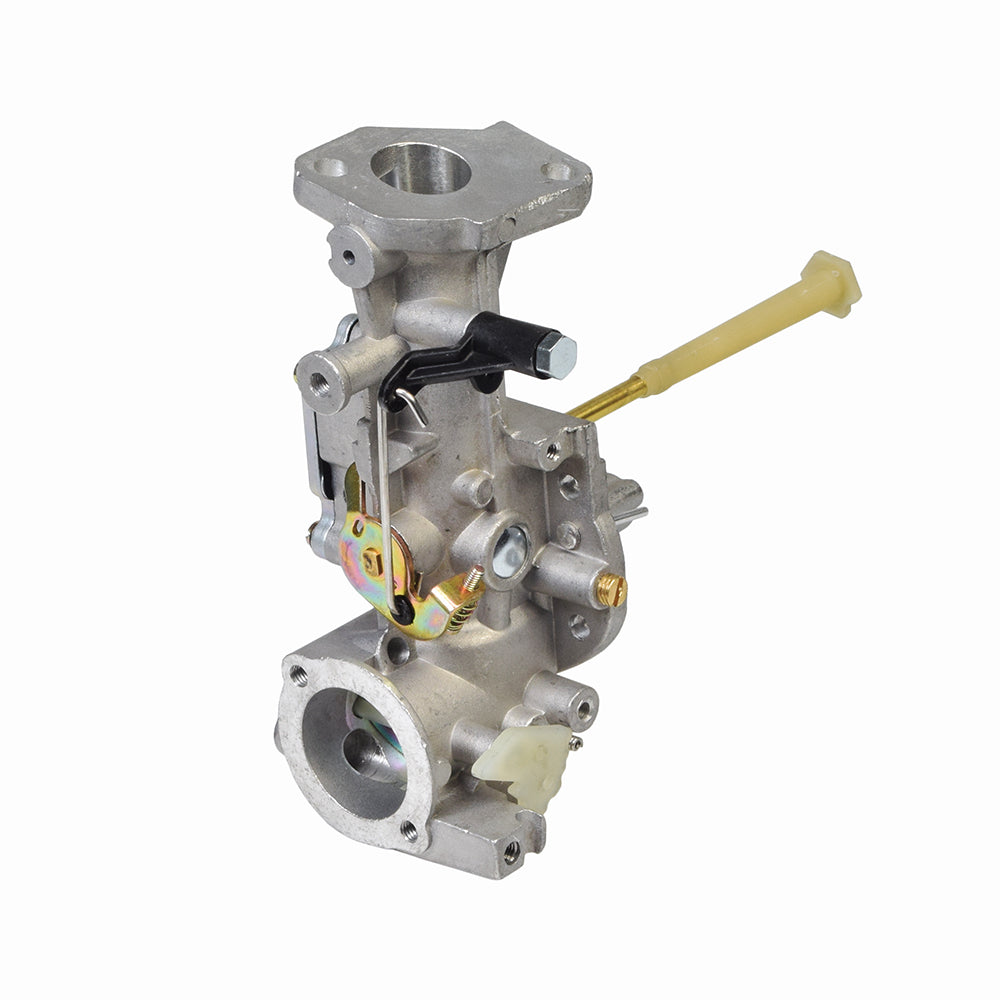 Close-up of Carburetor 498298 for Briggs & Stratton Engines, featuring a yellow handle and intricate mechanical components, designed as a replacement part for various 5 Hp engine models.