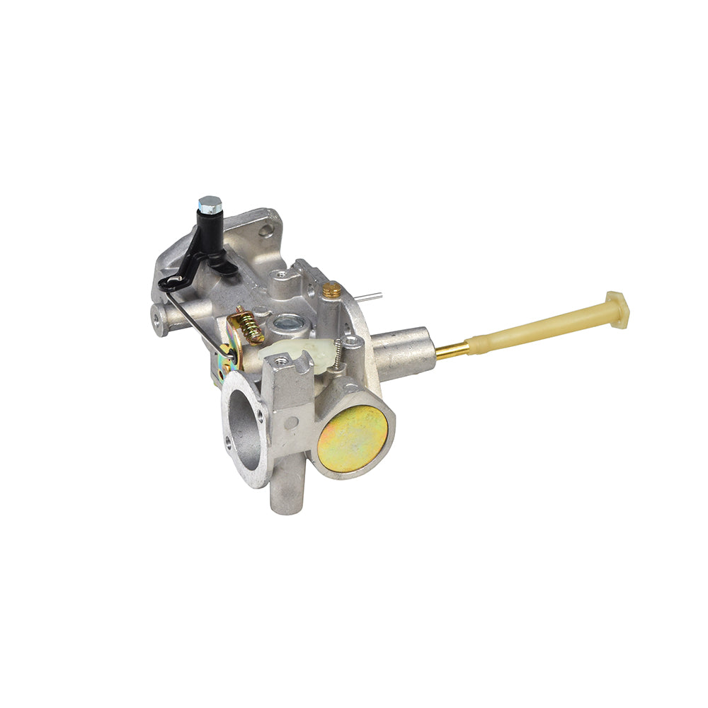 Carburetor 498298 for Briggs & Stratton Engines featuring a silver metal body and a distinct yellow handle, designed as a replacement part for various 5 Hp engine models.