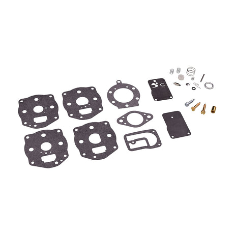 Carburetor Repair Kit 394502, 491539, & 694056 for Briggs & Stratton Engines, featuring various black metal parts, gaskets, and components like needle valve, springs, and jet, arranged together.