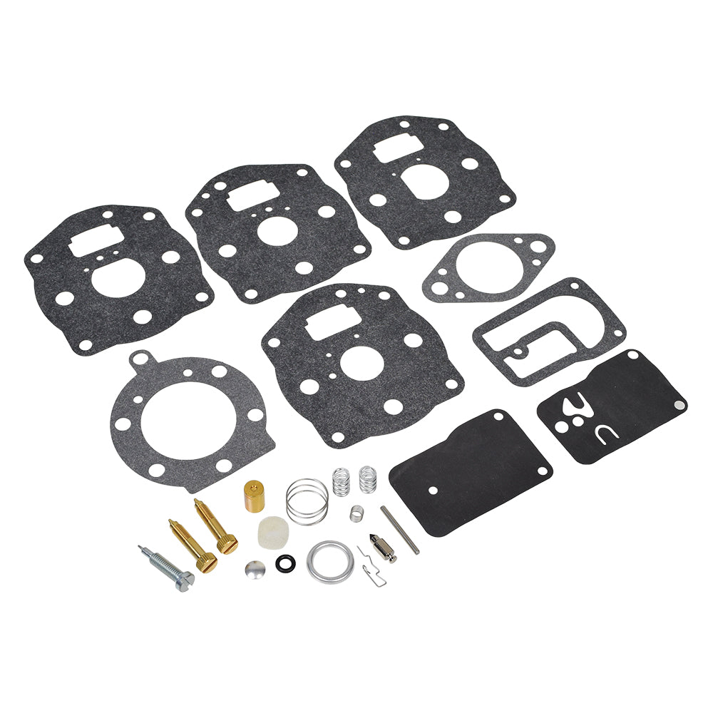 Carburetor Repair Kit 394502, 491539, 694056 for Briggs & Stratton 402447, 402451, 402707 Engines, featuring various black metal gaskets, needle valve, springs, and other components for carburetor maintenance.