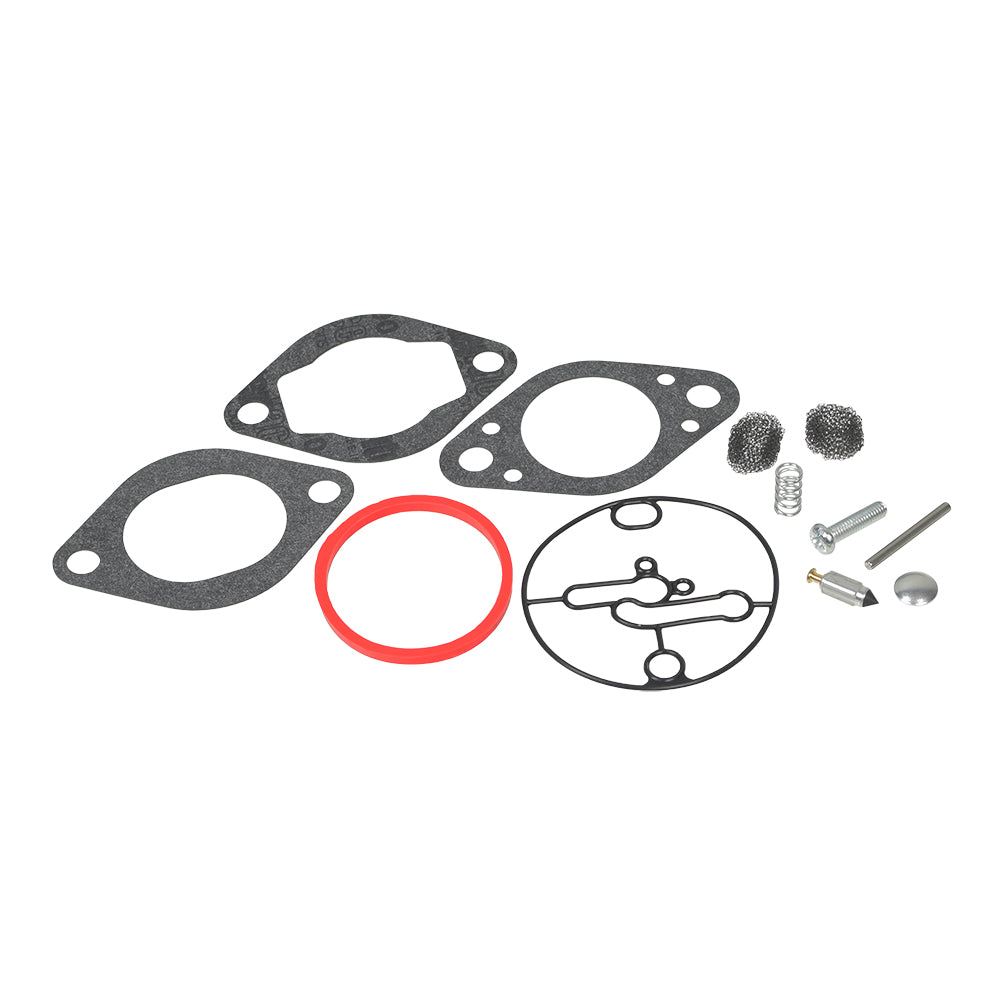 Carburetor Repair Kit 696146, 696147 for Briggs & Stratton Engines, showing a set of gaskets, a diaphragm, spring cap, and diaphragm spring, essential for repairing Nikki carburetors on specified engine models.