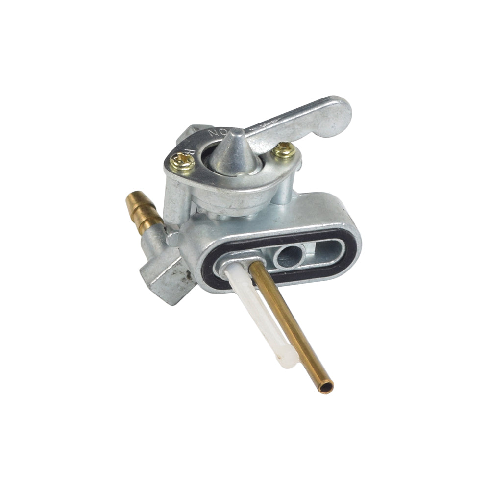 Petcock Fuel Valve for the Honda CB100, CA175, CB175, CL175, MT125, SL100, & SL125, featuring a robust metal construction with a handle for easy adjustment, close-up of the fuel flow control mechanism.