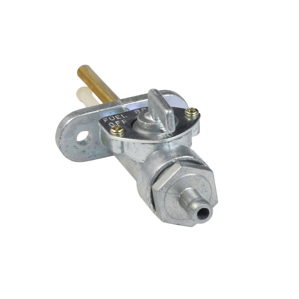 Petcock Fuel Valve for Yamaha DT100, DT125, DT175, DT250, DT360, & DT400 Dirt Bikes, featuring a metal handle and gold tube, designed for controlling fuel flow in various motorsports applications.