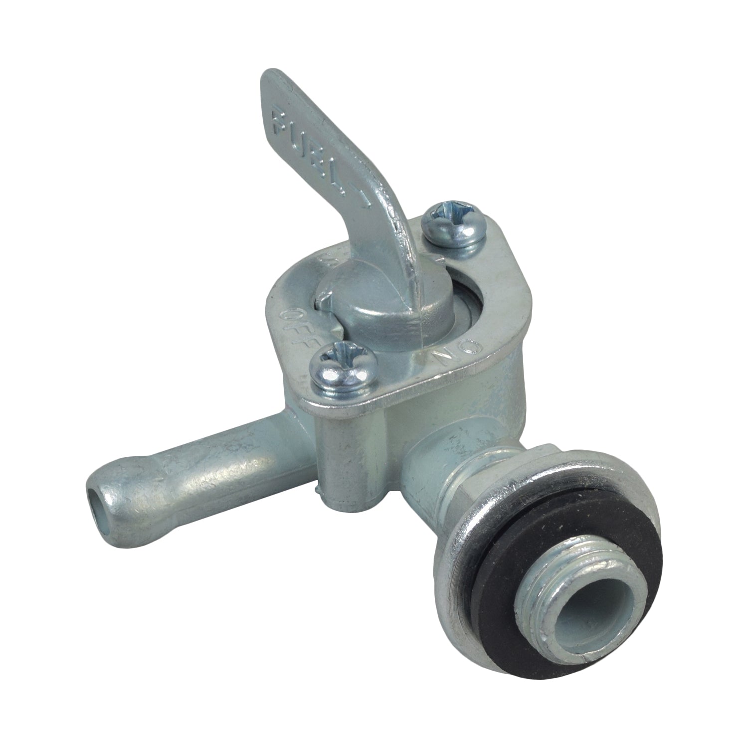 Petcock Fuel Valve for 2013, 2014, & 2015 Kandi Go-Karts featuring a metal valve with a handle and On/Off/Res settings, suitable for 1/4-inch internal diameter fuel hose.