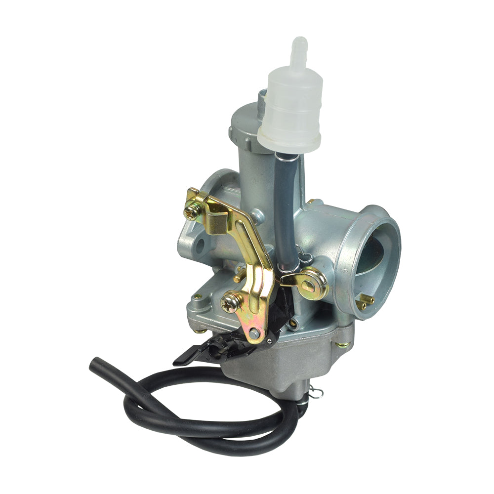 PZ30 Carburetor with 30 mm Intake & Cable Choke for 150cc, 200cc, & 250cc ATVs & Dirt Bikes, featuring a silver body with black wires in a close-up view.