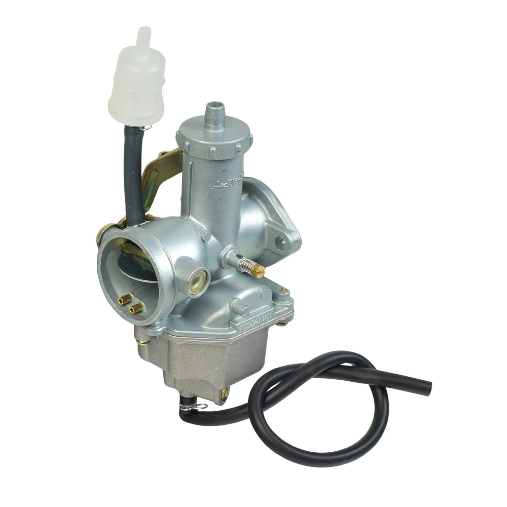 PZ30 Carburetor with 30 mm Intake & Cable Choke for 150cc, 200cc, & 250cc ATVs & Dirt Bikes, featuring a silver body with a black hose and visible metal components.