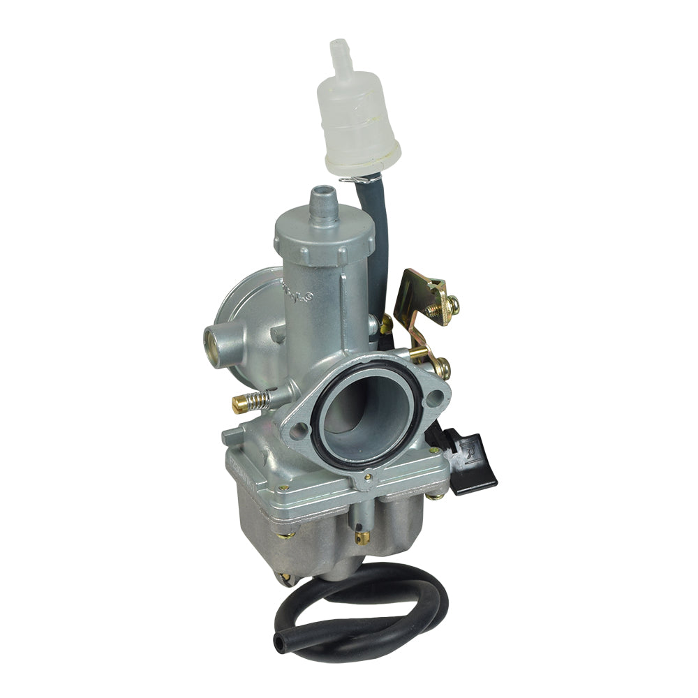 PZ30 Carburetor with 30 mm Intake & Cable Choke for 150cc, 200cc, & 250cc ATVs & Dirt Bikes. The image shows a close-up of the silver carburetor with a black hose.