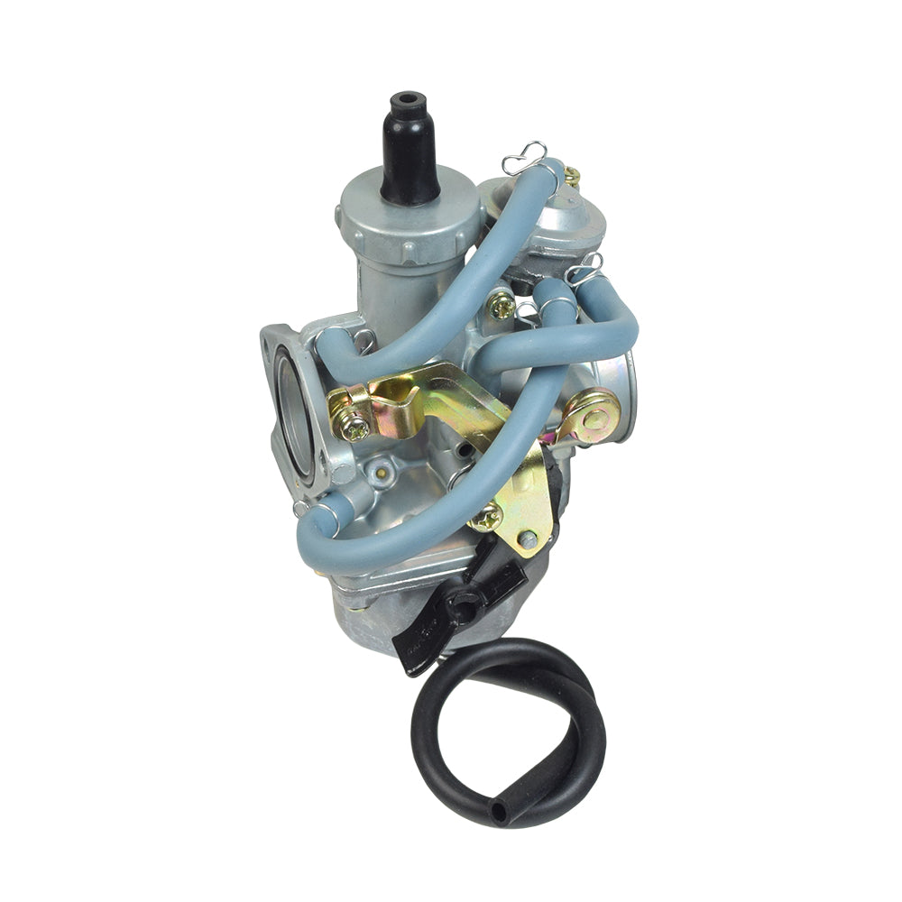 PZ27D Carburetor with 27 mm Intake, Air Cut-Off Valve, & Left Hand Cable Choke for Honda CRF150F Dirt Bikes, featuring a grey body, black hoses, and close-up engine components.